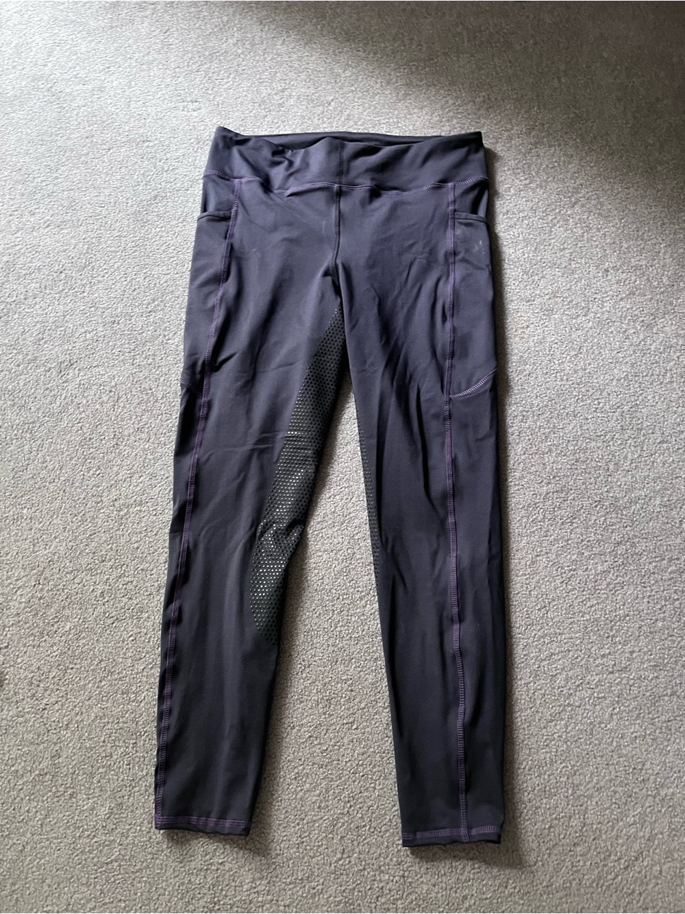 Dover Saddlery Riding Tights in Gray with Purple Stitching
